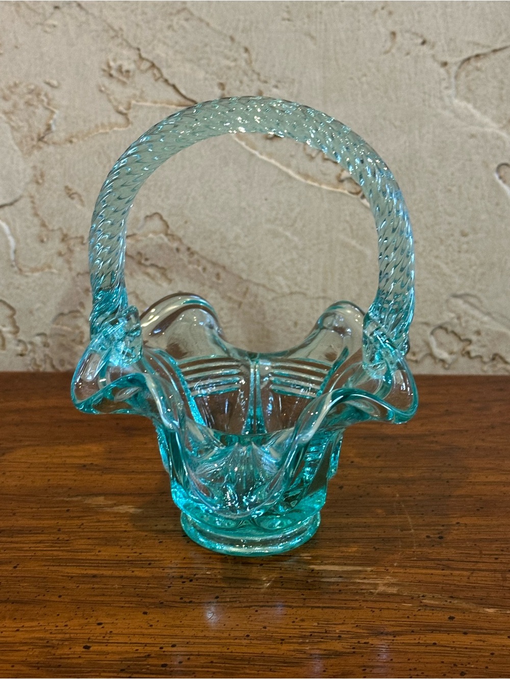 Vintage Fenton Art Glass Aqua Ruffled Basket
